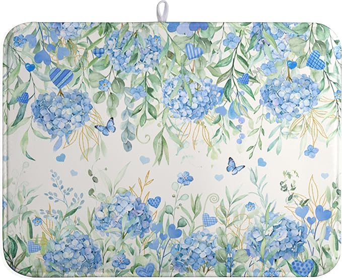 Blue Hydrangea Floral Dish Drying Mat by Wnoesat