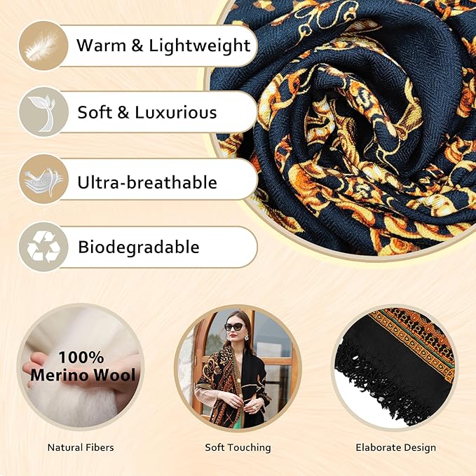 DANA XU 100% Merino Wool Extra Large Pashmina Blanket Travel Scarf Cashmere Wrap for Women Fall Winter Oversize Shawl Floral