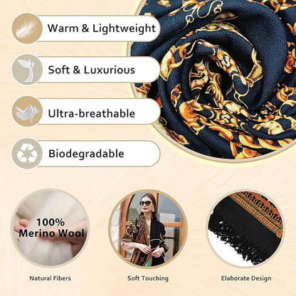 DANA XU 100% Merino Wool Extra Large Pashmina Blanket Travel Scarf Cashmere Wrap for Women Fall Winter Oversize Shawl Floral