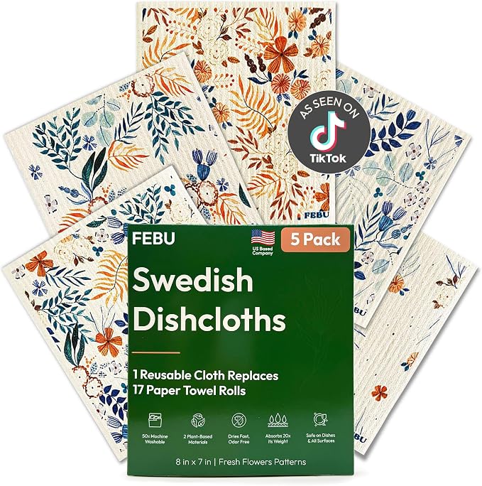 FEBU Swedish Dishcloths for Kitchen | 5 Pack Fresh Flowers Reusable Paper by FEBU