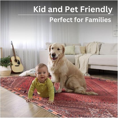 Bloom Rugs Washable Non-Slip 8' x 10' Rug - Red/Multicolor Traditional Bordered Area Rug for Living Room, Bedroom, Dining Room, and Kitchen - Exact Size: 8' x 10'