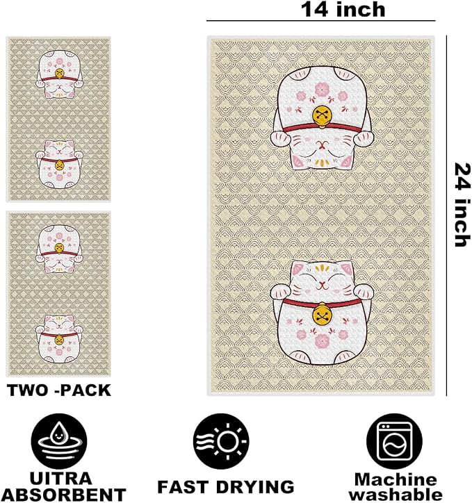 2 Pcs Cute Cat Kitchen Towels 14x24 Inch, Adorable Cats Waffle Hand Towels - Image 2