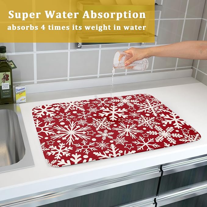 Christmas Dish Drying Mat for Kitchen Counter 18x24 Dark Red Snowflake Winter - Image 7