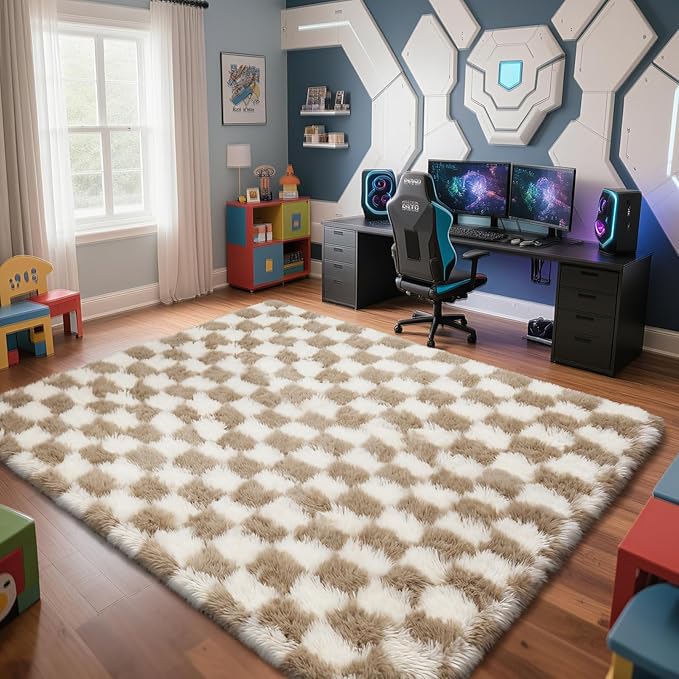 Checkered Rug for Living Room, 6x9 Beige and White Area Rugs, Classic Checkered Carpets Shaggy Area Rug, Bedside Rugs for Living Room Bedroom Kids Room Home Decor