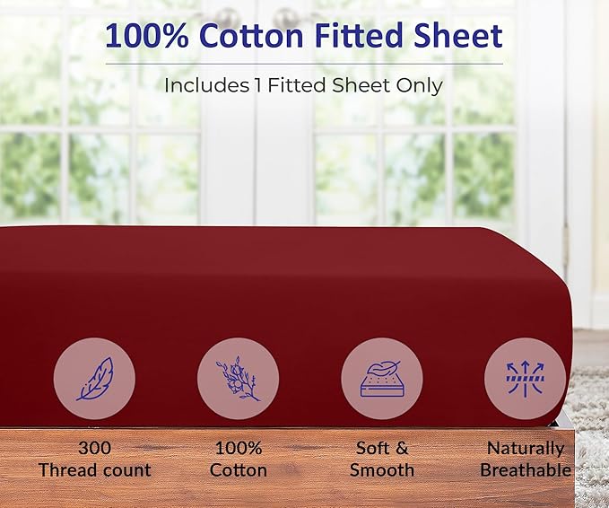 ROYALE LINENS 300 Thread Count 100% Long Staple Combed Cotton Fitted Sheet King - Super Soft Deep Pocket Bottom Sheet - Fitted Sheets Only - Elastic Sheets (King, Red)