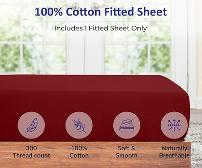 ROYALE LINENS 300 Thread Count 100% Long Staple Combed Cotton Fitted Sheet King - Super Soft Deep Pocket Bottom Sheet - Fitted Sheets Only - Elastic Sheets (King, Red)