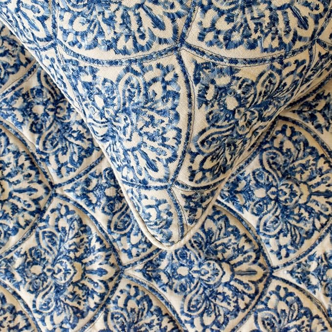 The HomeCentric King/Queen/Twin Blue Designer Twin 53"x18" Bed Runner with 2 Pillow Cover, Embroidery, Quilted Bed Scarf on Cotton Fabric - Farzeen Blue