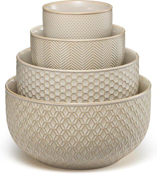 KooK Ceramic Mixing Bowls, Nesting Set of 4, Embossed Kitchen Dishware by Kook