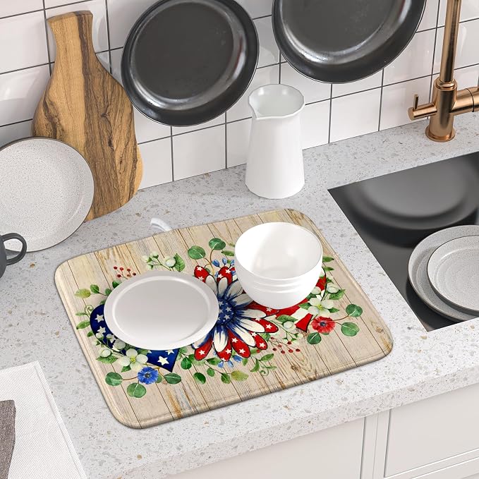 Independence Day Dish Drying Mat 16x18 inch Patriotic Love Heart Fast Dry - Image 6