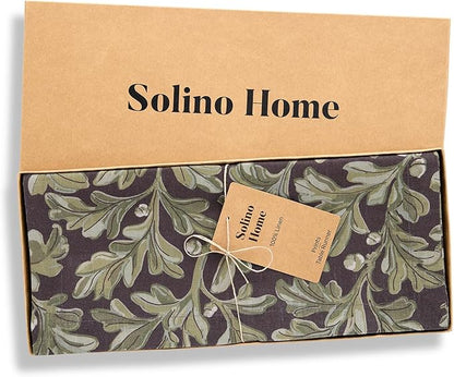 Solino Home 100% Pure Linen Table Runner 72 Inches Long - Floral Print Green and Brown Table Runner 14 x 72 Inch - Handcrafted and Machine Washable - Fallen Leaves Print