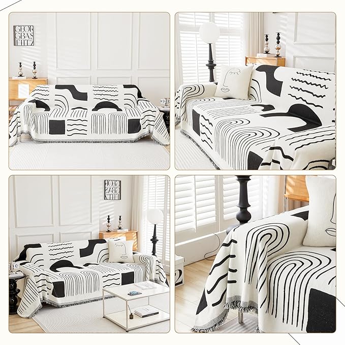 Boho Chenille Couch Cover with Tassels, Bohemian Sofa Cover for 3 Cushion Couch, L-Shaped Sectional, Loveseat, 2/3/4 Seater (71" x 118", Black)