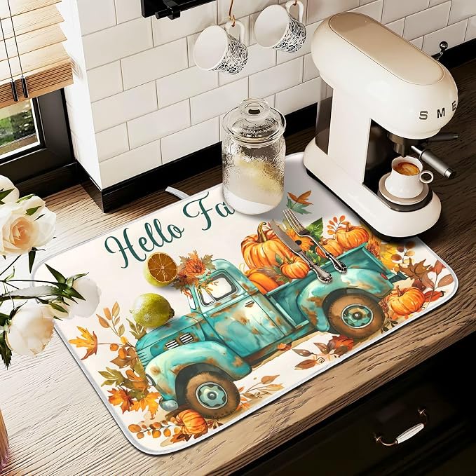 Vintage Fall Truck with Pumpkins Autumn Leaves Dish Drying Mat - Image 8