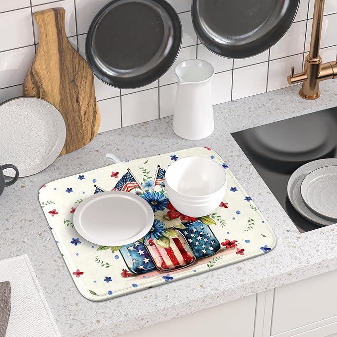 Giwawa American Patriotic Floral Dish Drying Mat Flower Vase Drainer Rack Mats - Image 6