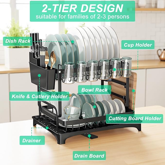 Dish Drying Rack-Dish Rack for Kitchen Counter, 2-Tier Kitchen Organizers and - Image 8