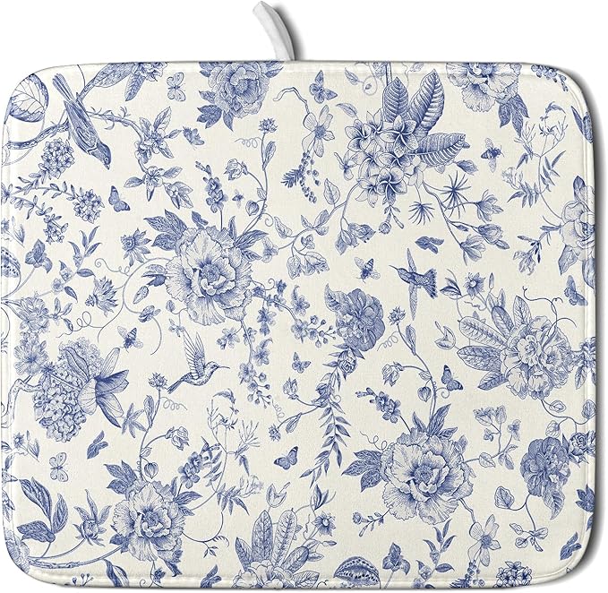 Giwawa Chinoiserie Flower Dish Drying Mat Blue Leaves Dishes Drying Pad by Giwawa