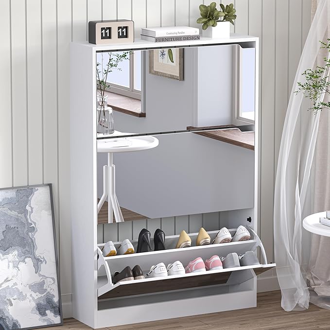 Shoe Cabinet with 3-Flip Mirror Drawers, Freestanding Shoe Rack Organizer with by BORNOON