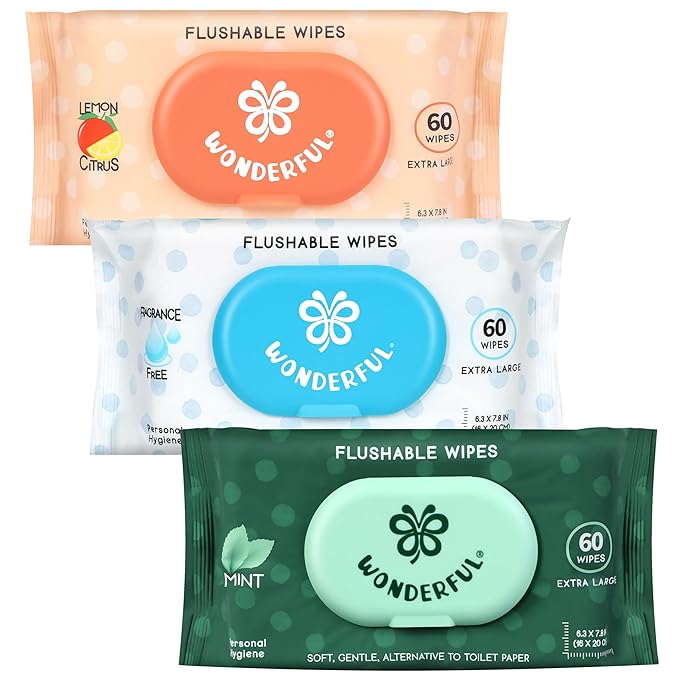 WONDERFUL Flushable Butt Wipes, Variety 100% Plant-Based Wet Wipes by WONDERFUL-Wipes