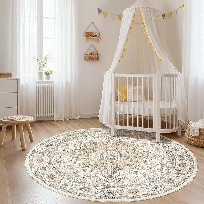 Round Rug Living Room Rugs: 6Ft Washable Boho Neutral Large Circle Soft Indoor Floral Stain Resistant Floor Farmhouse Carpet for Bedroom Nursery Kids Playroom Office Dining Room Dorm Home- Cream Blue