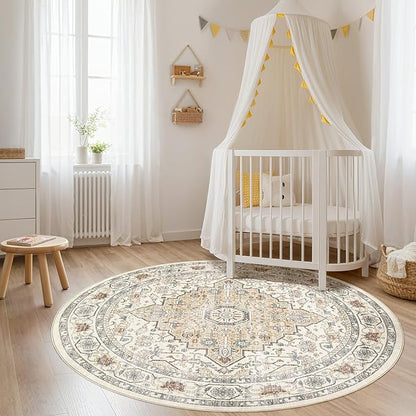 Round Rug Living Room Rugs: 6Ft Washable Boho Neutral Large Circle Soft Indoor Floral Stain Resistant Floor Farmhouse Carpet for Bedroom Nursery Kids Playroom Office Dining Room Dorm Home- Cream Blue