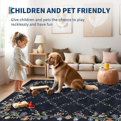 Garveehome 4x6 Washable Floral Area Rugs for Living Room: Modern Floral Non Slip Large Area Rugs for Bedroom, Large Machine Washable Living Room Low Pile Carpet with Non-Slip Backing Black 4 ft x6 ft.