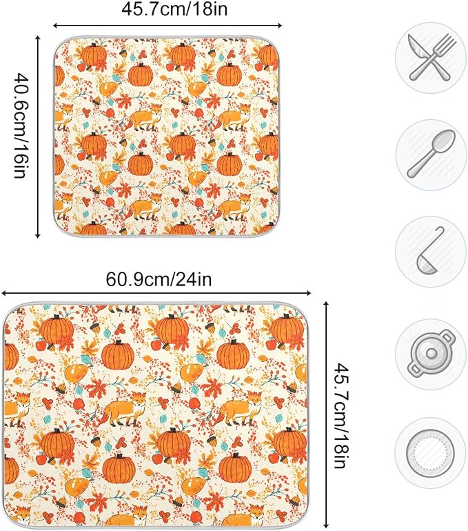 Fall Fox Dish Drying Mat for Kitchen Countertop 16x18 Autumn Chestnuts Pumpkin - Image 3