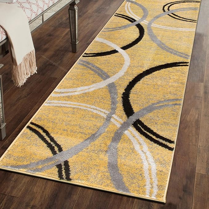 Rugshop Wavy Circles Design Runner Rug, Non-Shedding Carpet for Hallway, Entryway, or Kitchen, Yellow, 2' x 10'