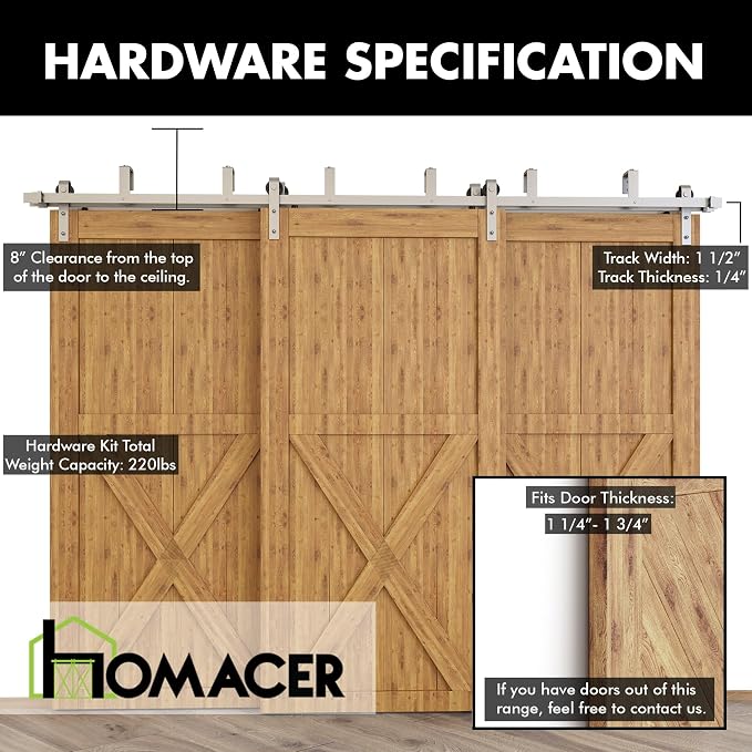 Homacer Brushed Nickel Double Track U-Shape Bypass Sliding Barn Door Hardware - Image 3
