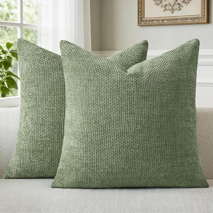 a moment Moss Green Chenille Throw Pillow Covers 18x18 Inch Pack of 2 Modern Decorative Throw Pillow Covers Farmhouse Cross Covers Home Decor for Sofa Bedroom Living Room