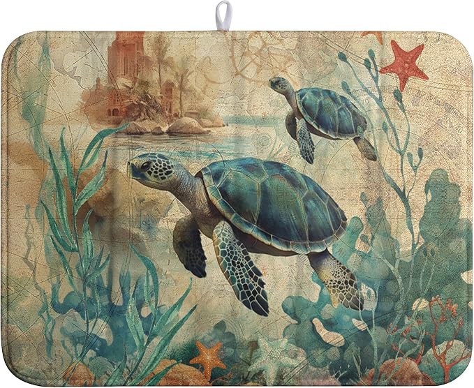 Sea Turtle Dish Drying Mat for Kitchen Counter Vintage Ocean Animal Microfiber by Wnoesat