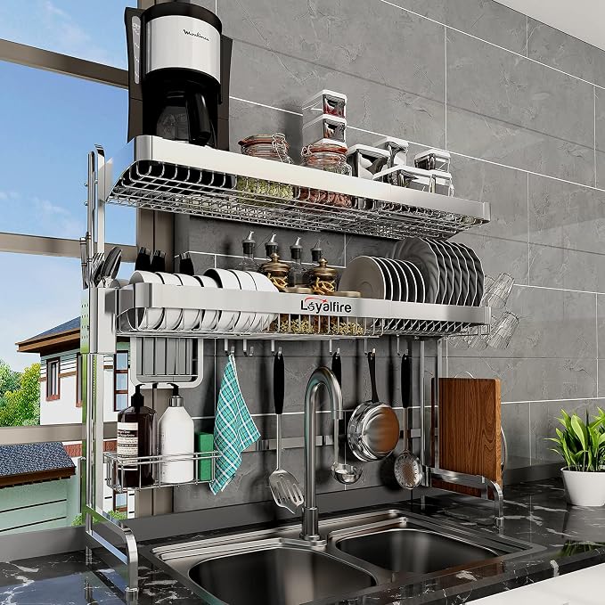 Over Sink Dish Drying Rack, 3 Tier Adjustable Length Full Stainless Steel Large by Loyalfire