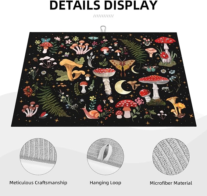Mushroom Dish Drying Mat for Kitchen Counter 18"x24" Moth Gothic Witchy Dishes - Image 5