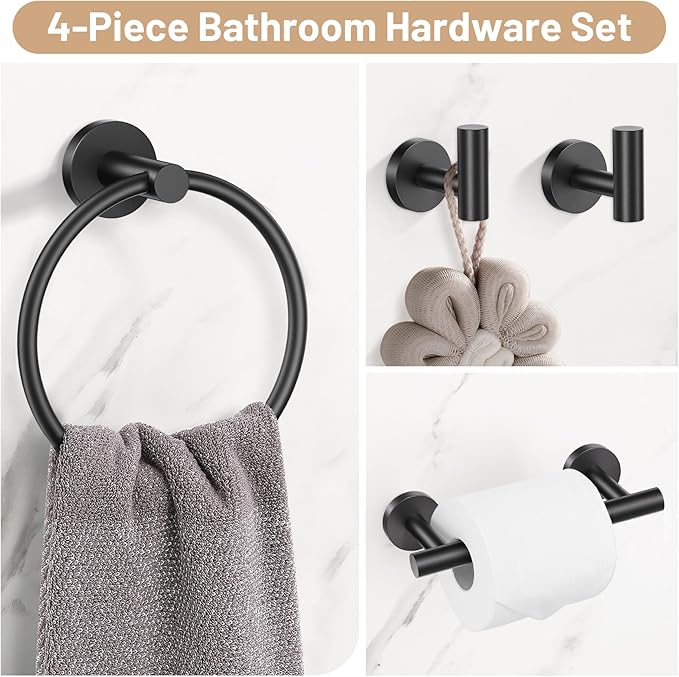 Black Bathroom Hardware Set, 4-Piece Towel Holder Set Include Double Bases - Image 2