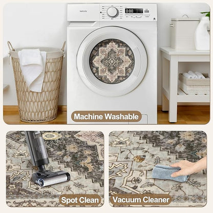 Tangsoo 2.6x8 Washable Runner Rug for Hallways, Non Slip Vintage, Soft Low Pile Long Runner, Print Distressed Grey Carpet Runners for Kitchen Bedroom Entryway Bathroom Living Room