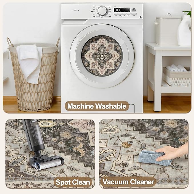 Tangsoo 2x10 Washable Runner Rug for Hallways, Non Slip Vintage Runner Rug, Soft Low Pile Long Runner, Print Distressed Grey Carpet Runners for Kitchen Bedroom Entryway Bathroom Living Room