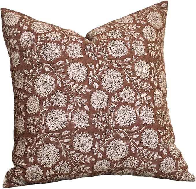 Amor Virisso Floral Pillow Covers 18x18 Throw Pillow Covers Vintage Block Print Pillow Cover Neutral Couch Pillows for Living Room Farmhouse Decorative Accent Sofa Pillows, Brown