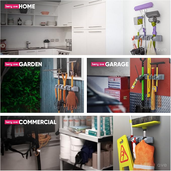 Berry Ave Broom Holder & Wall Mount Garden Tool Organizer- Kitchen, Garage & - Image 3