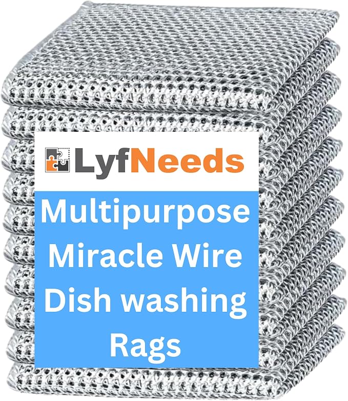 Non Scratch Wire Dishwashing Rag, 8 Pack Double Layer Reusable Wire Dishcloth by LyfNeeds