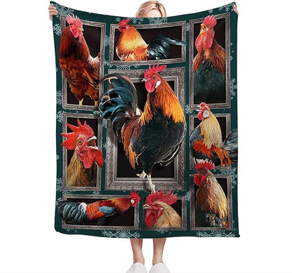 Rooster Chicken Throw Blanket, 60"x50", Multicolor, 100% Polyester Microfiber, Wrinkle Resistant, Colorfast, Unisex Adult, Perfect for Couch, Bed, Camping, Reading, Napping