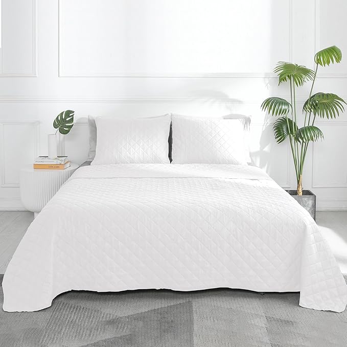 Easy-Going Queen Plus Size Reversible Quilt Set with 1 Quilt and 2 Pillow Shams, Soft Bed Quilt Cover, Water Resistant Lightweight Microfiber Bedspread, Stain Resistant, White/White