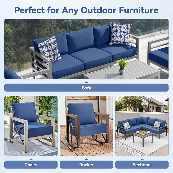 Luxury 6" Outdoor Cushions for Patio Furniture, 24x24x6" Thick Seat Cushion Set of 7, Fade Resistant Couch Chair Replacement Cushions High Density Deep Wicker Chair Cushion w/ Removable Cover, Blue