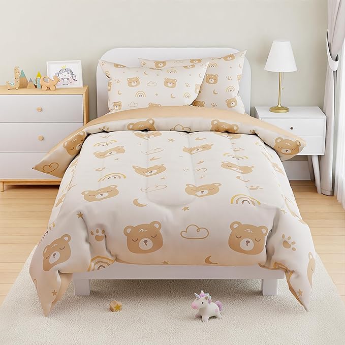 SANDJEST Bear Comforter Set Full Size 98x86in for Kids Boys Girls Unisex, Microfiber 4 Pcs Bedding Set Includes 1 Comforter, 2 Pillowcases, 1 Fitted Sheet, Nursery Room Decor