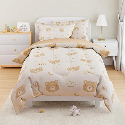 SANDJEST Bear Comforter Set Full Size 98x86in for Kids Boys Girls Unisex, Microfiber 4 Pcs Bedding Set Includes 1 Comforter, 2 Pillowcases, 1 Fitted Sheet, Nursery Room Decor