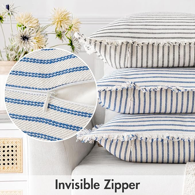 MIULEE Pack of 2 Royal Blue Pillow Covers 20x20 Inch Striped Farmhouse Couch Throw Pillow Covers with Fringe Chic Linen Decorative Cushion Covers for Sofa Living Room Bed Outdoor Home Decor