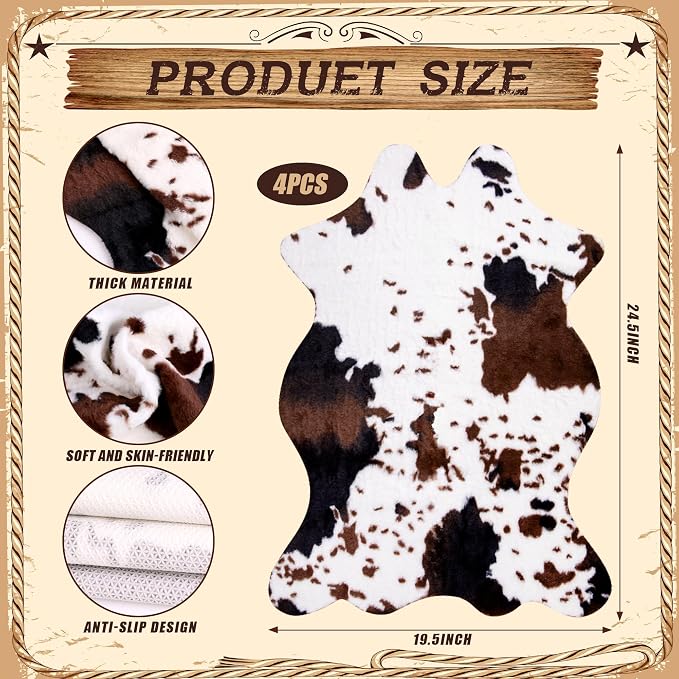4 Pack Mini Faux Cowhide Rug, Mini Rustic Cowhide Rug Cute Rural Western Animal - Image 3