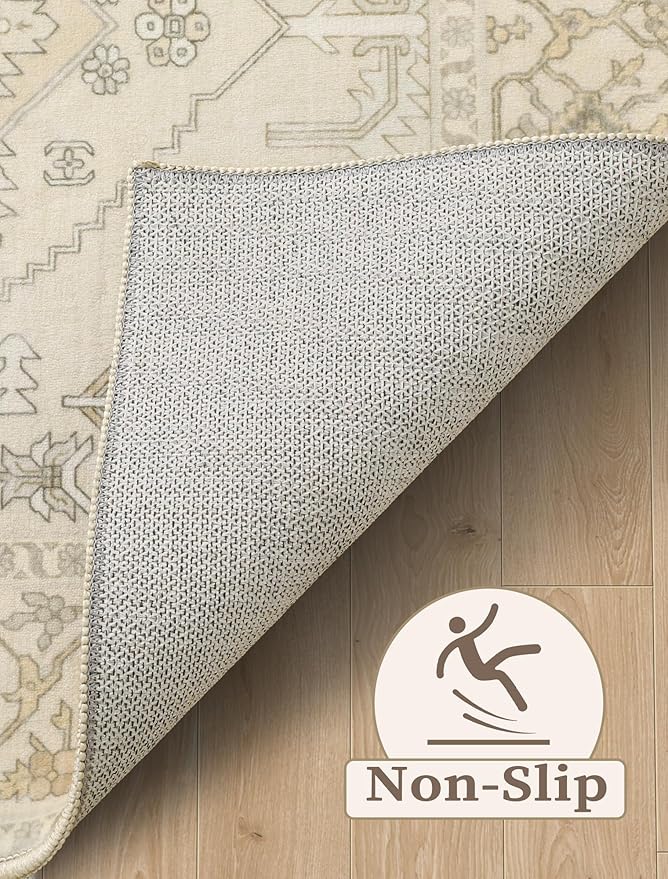 SERISSA Boho Washable Runner Rug, 2x5 Non-Slip Kitchen Runner Rug Vintage Beige Hallway Rug Ultra Soft Print Distressed Oriental Floor Carpet Runner for Bedroom Bathroom Laundry Living Room