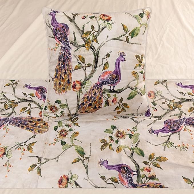 The HomeCentric King Queen Twin Ivory & Multicolor Decorative King 90"x18" Bed Runner Without Pillow Cover, Peacock Bed Scarf on Cotton Printed with Beads Fabric - Peacock Queen