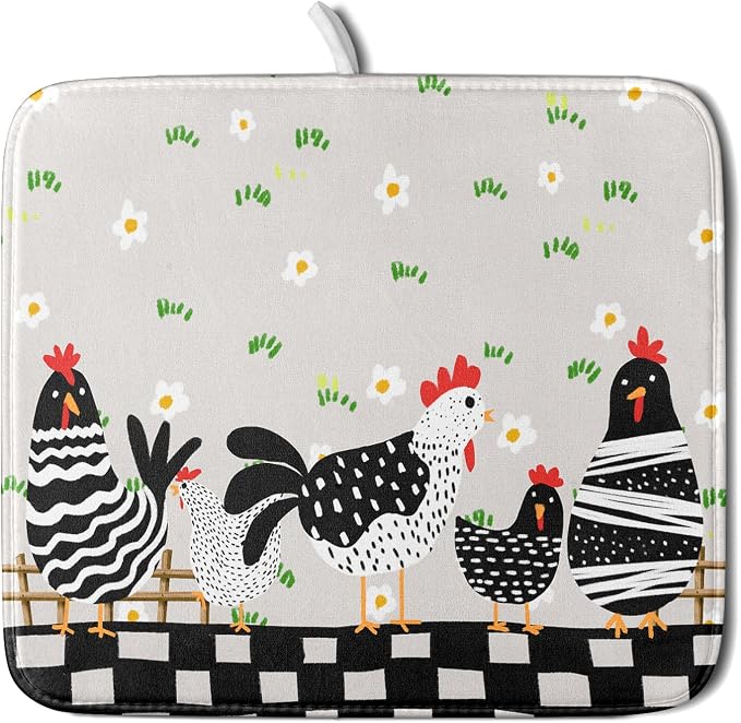 Black Rooster Dish Drying Mat for Countertop 16x18 Inches Buffalo Plaid by Giwawa