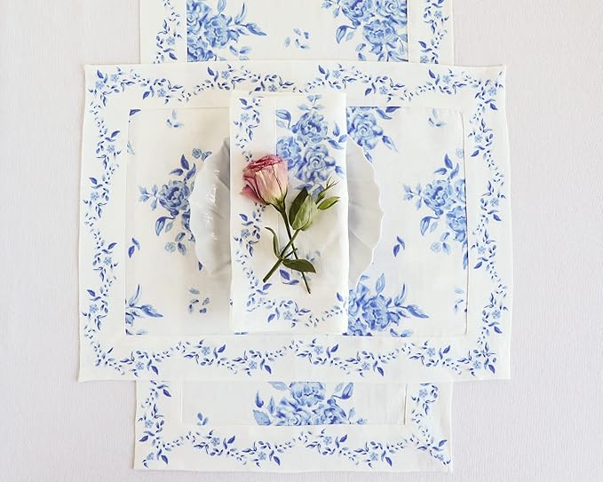 Solino Home Blue Floral Print Table Runner 72 Inches Long - 100% Pure Linen Table Runner 14 x 72 Inch - Handcrafted and Machine Washable - Jolie Fleur Print