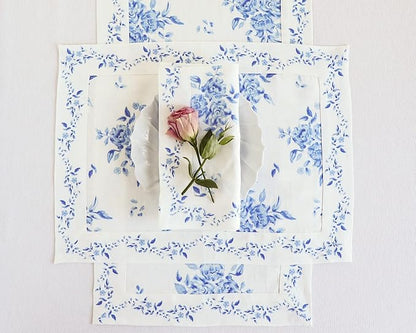 Solino Home Blue Floral Print Table Runner 72 Inches Long - 100% Pure Linen Table Runner 14 x 72 Inch - Handcrafted and Machine Washable - Jolie Fleur Print