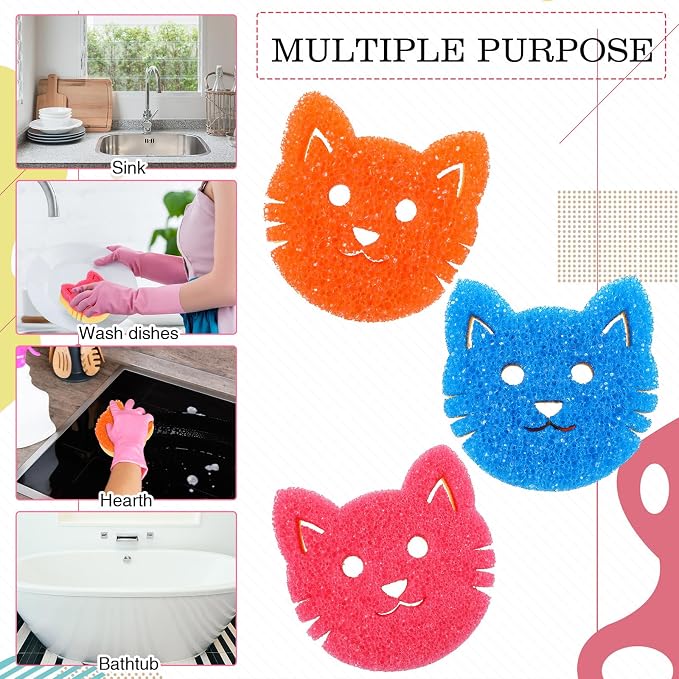 6 Pcs Cat Dual Sided Scrub Cleaning Sponges Cute Temperature Sensitive Dish - Image 5